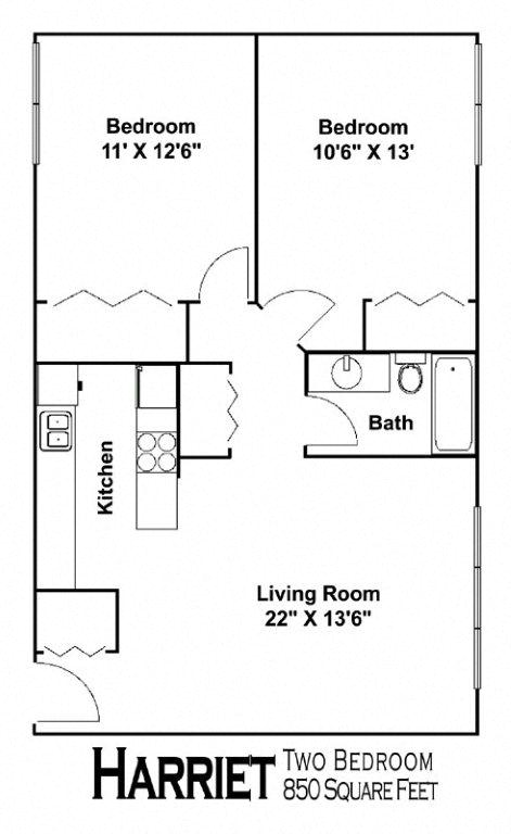Floor plan for 2 beds, 1 bath, 850 sqft